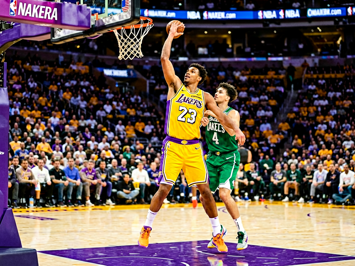 NBA湖人队比赛现场，球员在球场上突破上篮