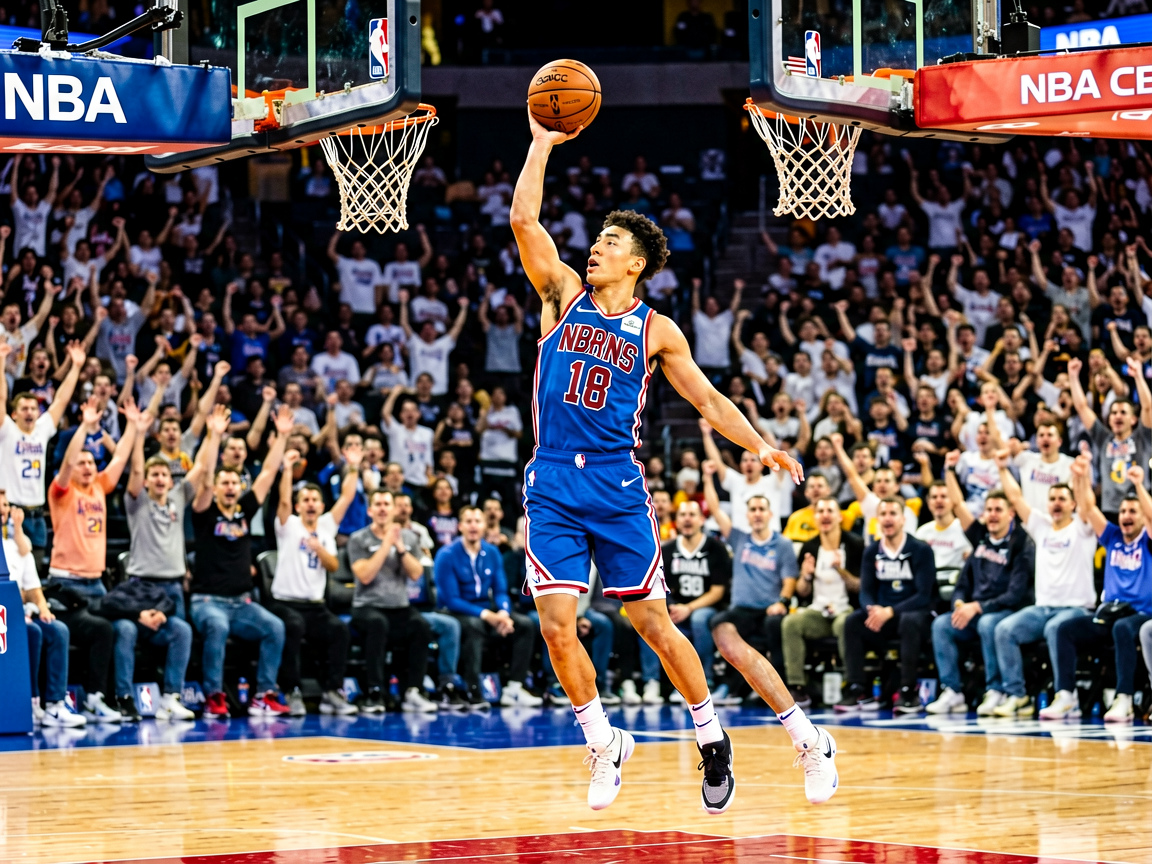 篮球赛事直播场景，NBA比赛现场球员突破上篮，观众热情欢呼